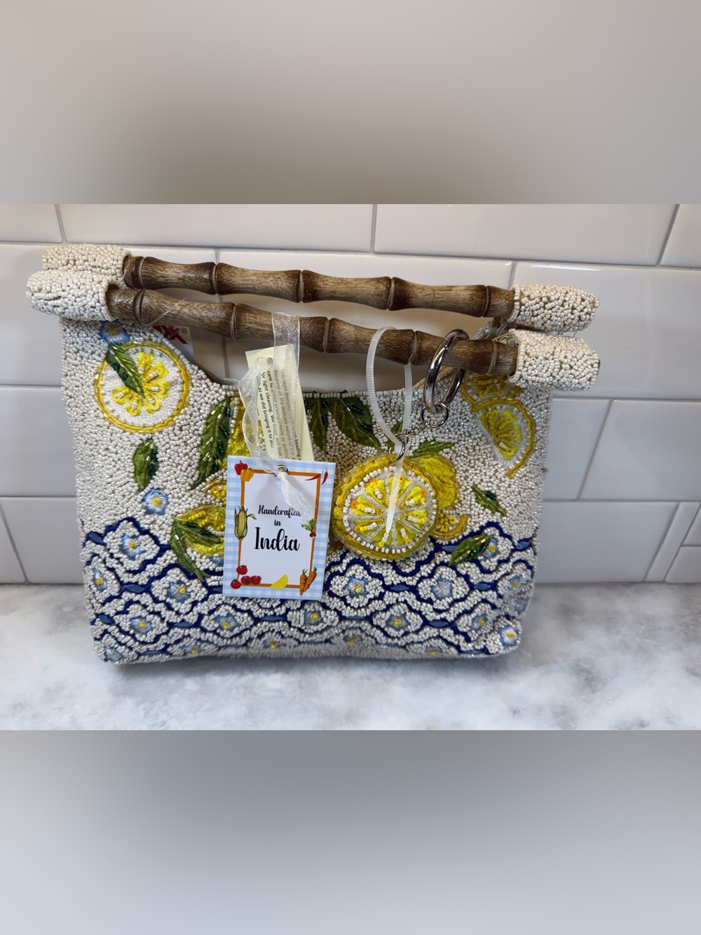 NWT Beaded Lemon Bag Amalfi Coast Tote Handcrafted in india With Bamboo Handle